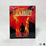 Backdraft 30th Anniversary 4K UHD and Blu-Ray limited edition steelbook with full slip cover and extras showing firefighter silhouette against flames