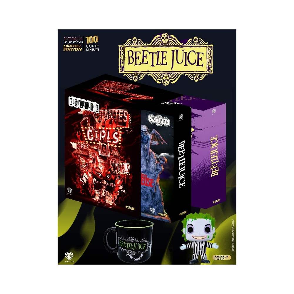Beetlejuice 4K UHD limited edition box set with Blu-Ray, lenticular 3D cover, mug, T-shirt, and Funko Pop collectibles