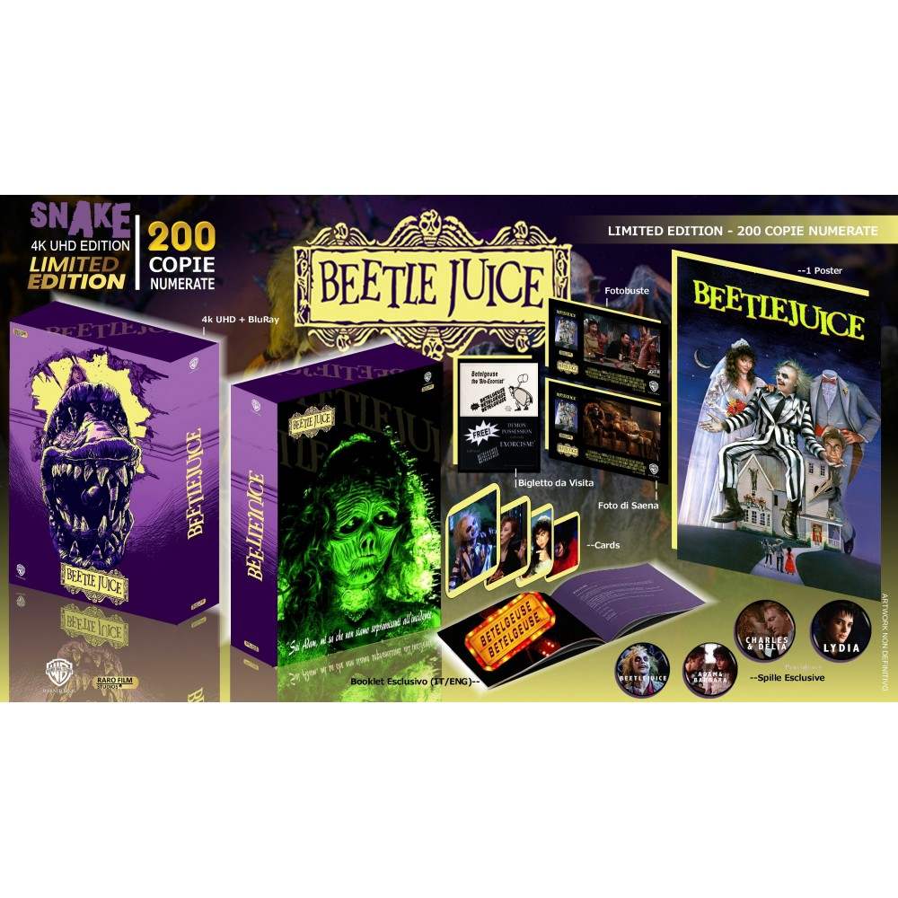 Beetlejuice 4K UHD limited edition Snake Edition box set with exclusive artwork, Blu-ray, poster, booklet, and collectible cards