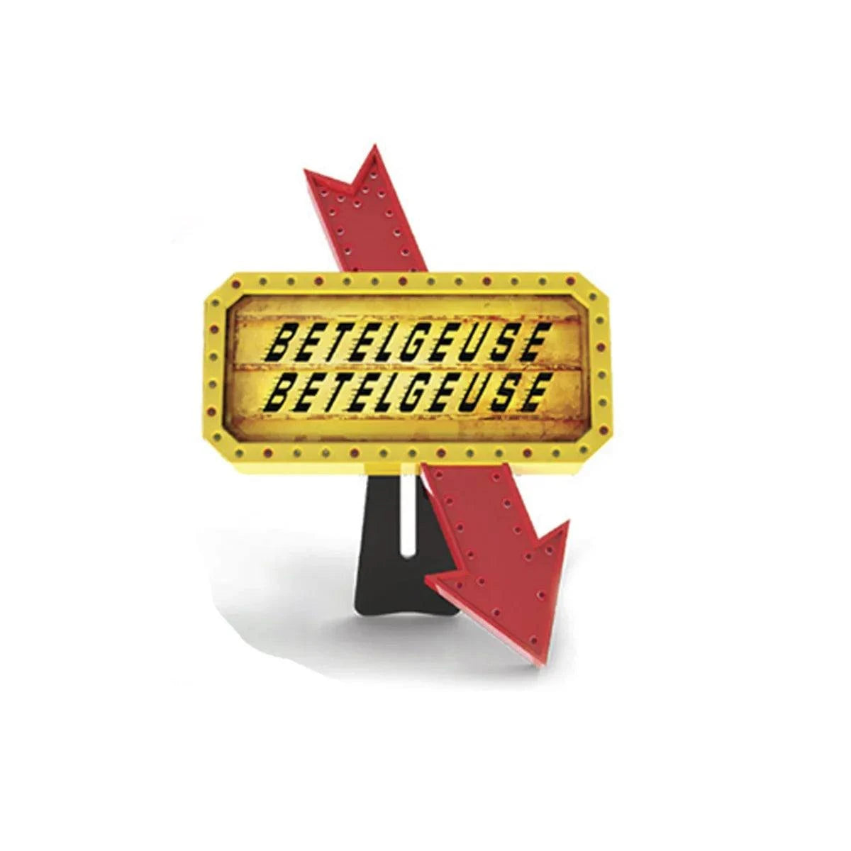 Beetlejuice Beetlejuice light-up sign with red arrows and vintage marquee design