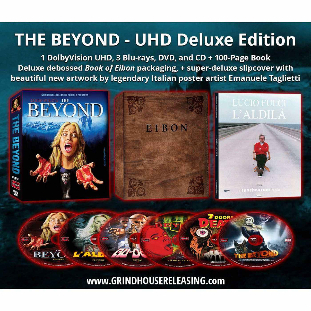 The Beyond 6-disc Deluxe Edition box set featuring 4K UHD, Blu-rays, DVD, CD, and 100-page book with artwork by Emanuele Taglietti