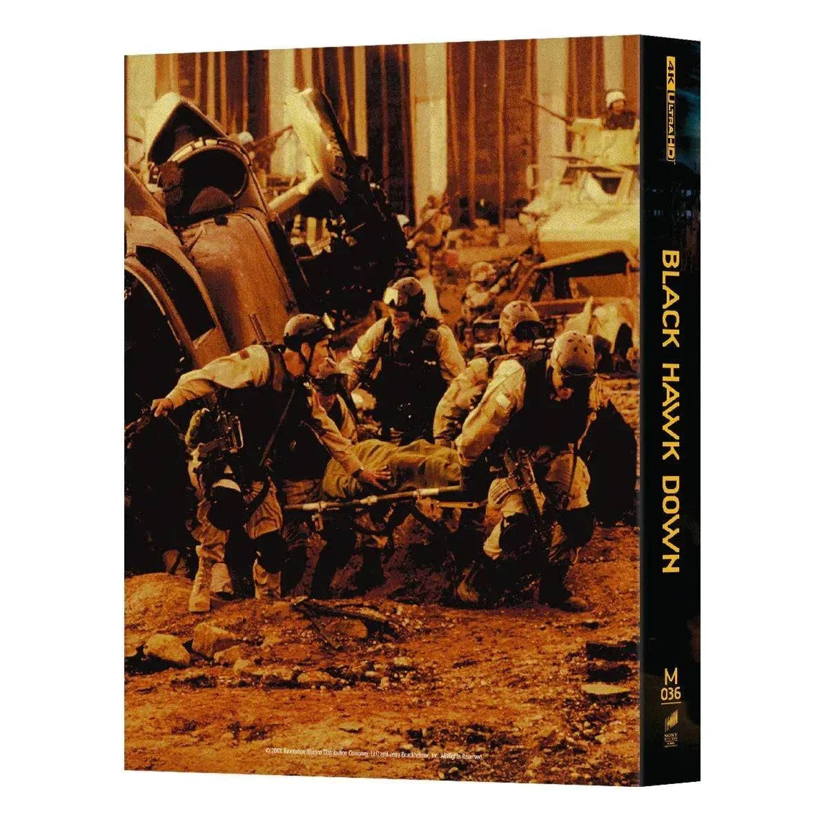 Black Hawk Down Steelbook 4K UHD and Blu-Ray with exclusive glossy debossed cover featuring soldiers in battle scene from Mogadishu, pre-order limited edition.