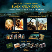Black Hawk Down Steelbook 4K UHD with exclusive double lenticular slip, character cards, postcards, booklet, and envelope by Manta Lab.