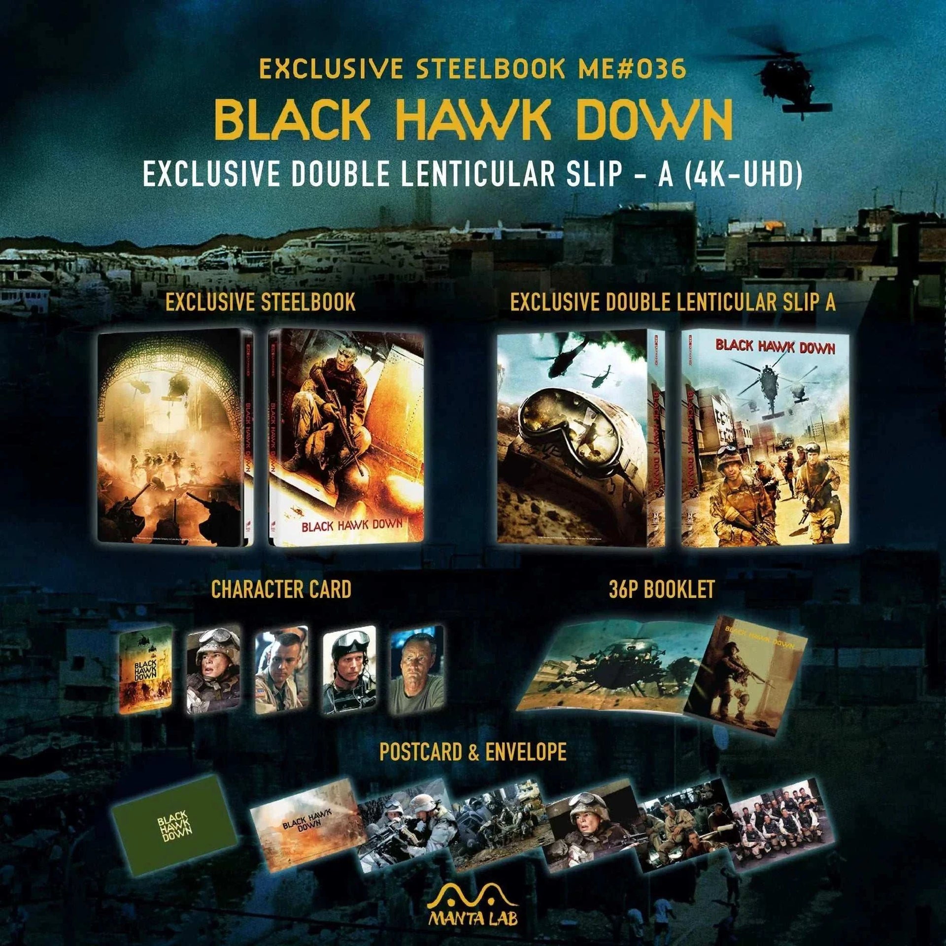 Black Hawk Down Steelbook 4K UHD with exclusive double lenticular slip, character cards, postcards, booklet, and envelope by Manta Lab.