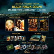 Black Hawk Down Steelbook 4K UHD and Blu-Ray with double lenticular slip, booklet, character cards, postcards, and exclusive packaging by Manta Lab.