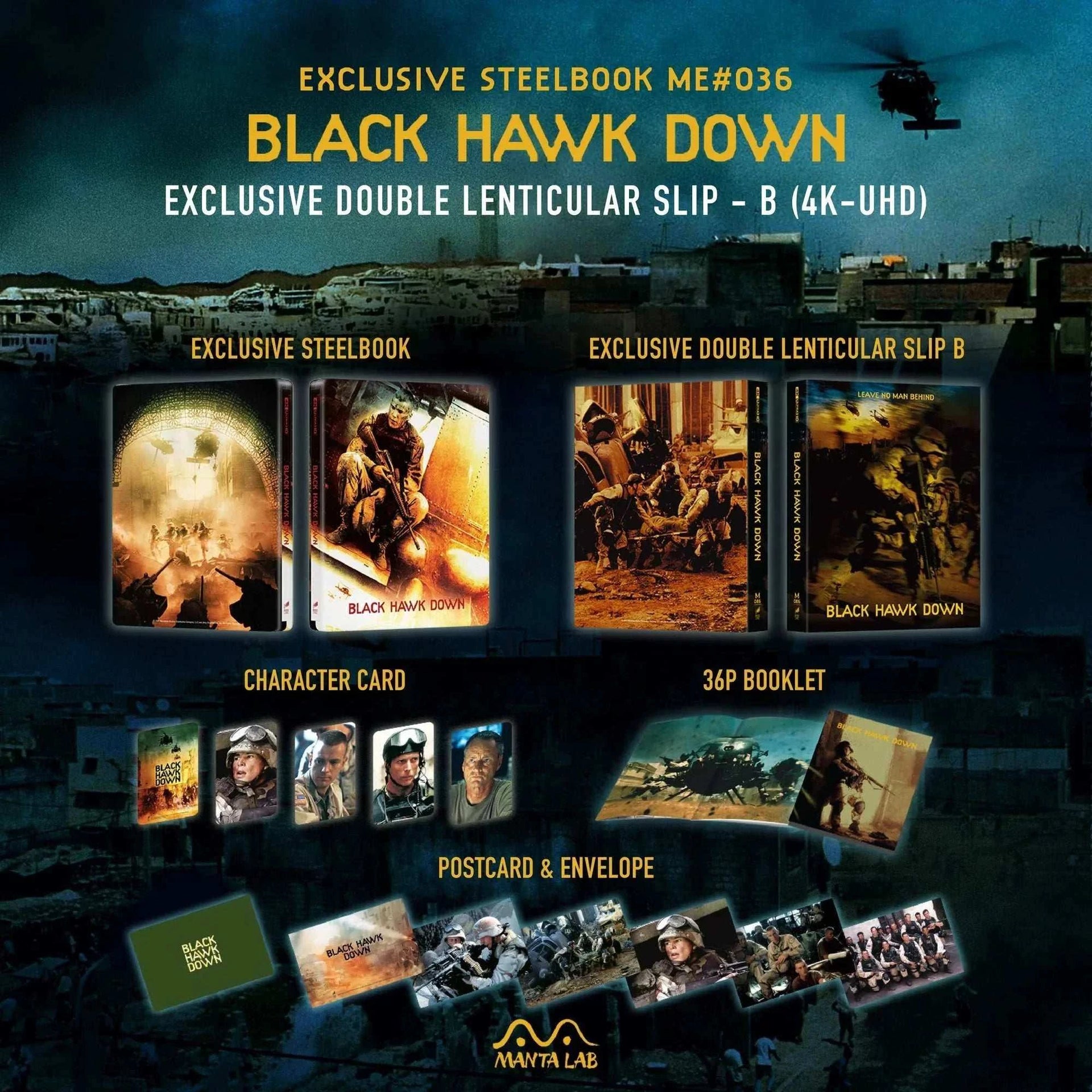 Black Hawk Down Steelbook 4K UHD and Blu-Ray with double lenticular slip, booklet, character cards, postcards, and exclusive packaging by Manta Lab.