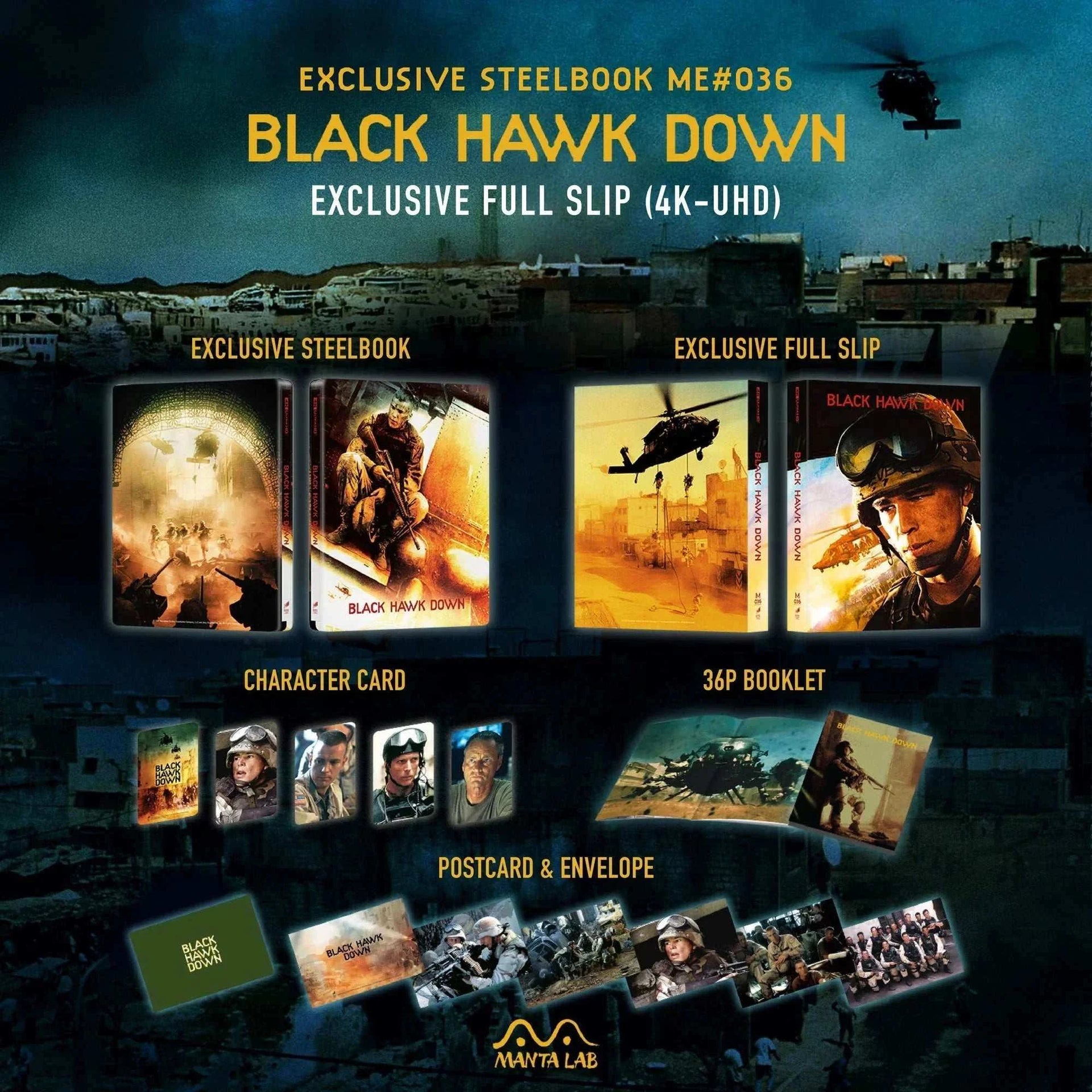 Black Hawk Down Steelbook 4K UHD and Blu-Ray exclusive pre-order set with full slip, character cards, booklet, postcards, and envelope by Manta Lab