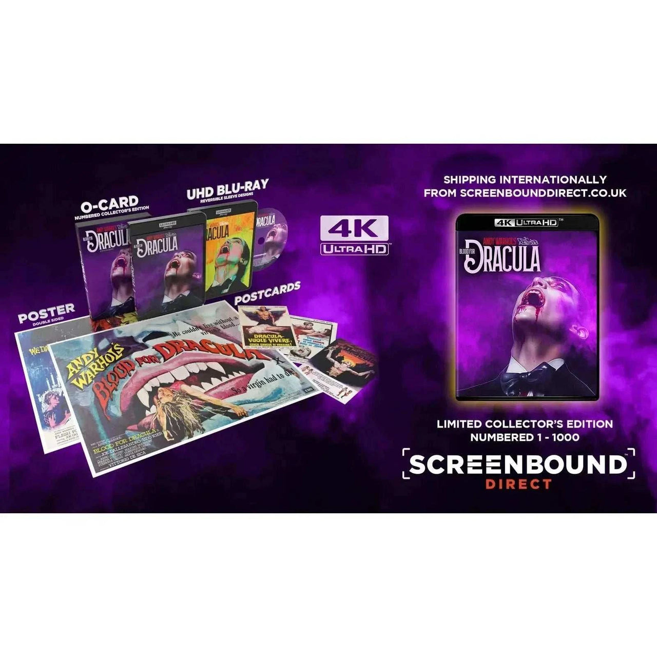 Limited edition 4K UHD release of "Blood For Dracula" with numbered slipcover, O-Card, poster, and postcards.