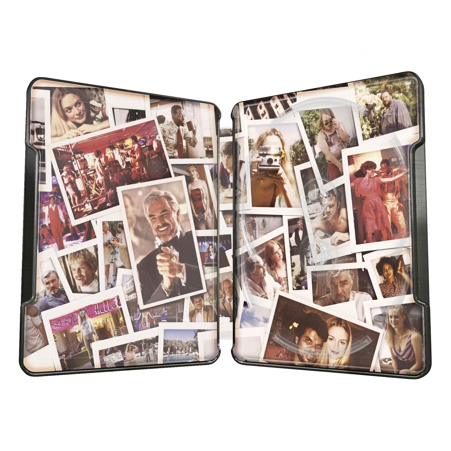 Open limited edition Boogie Nights Warner Brothers UK steelbook with collage of movie scenes interior artwork