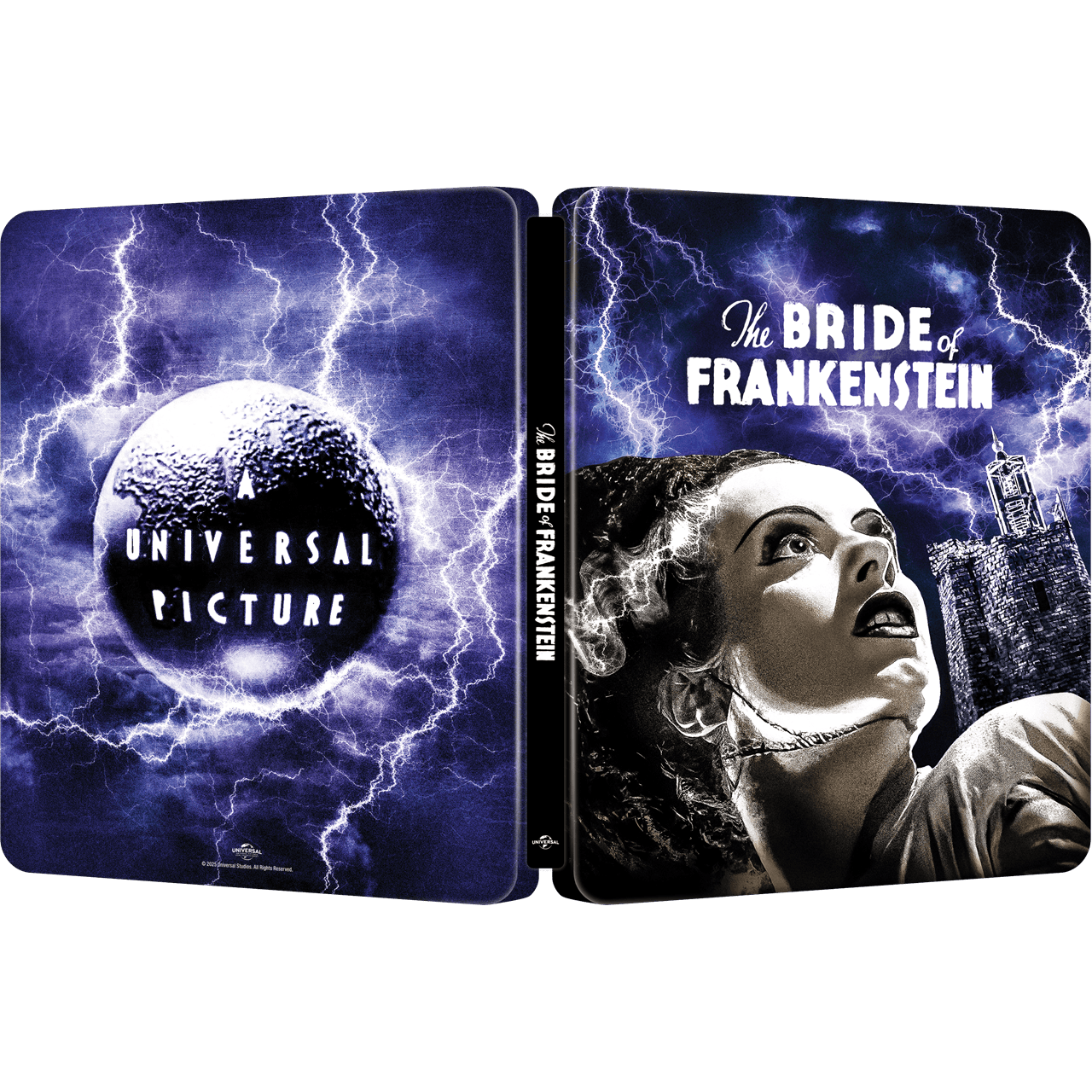 The Bride Of Frankenstein UK Limited Edition Steelbook 4K Ultra HD and Blu-Ray cover with lightning and monster bride illustration