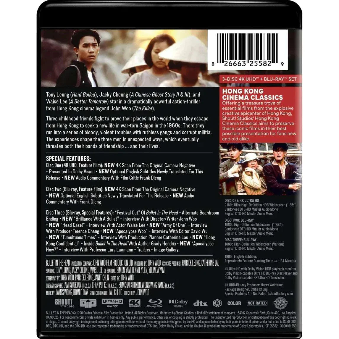 Bullet in the Head 4K UHD and Blu-Ray slipcover edition featuring Hong Kong Cinema Classics with original camera negative 4K scan, English subtitles, and special interviews.