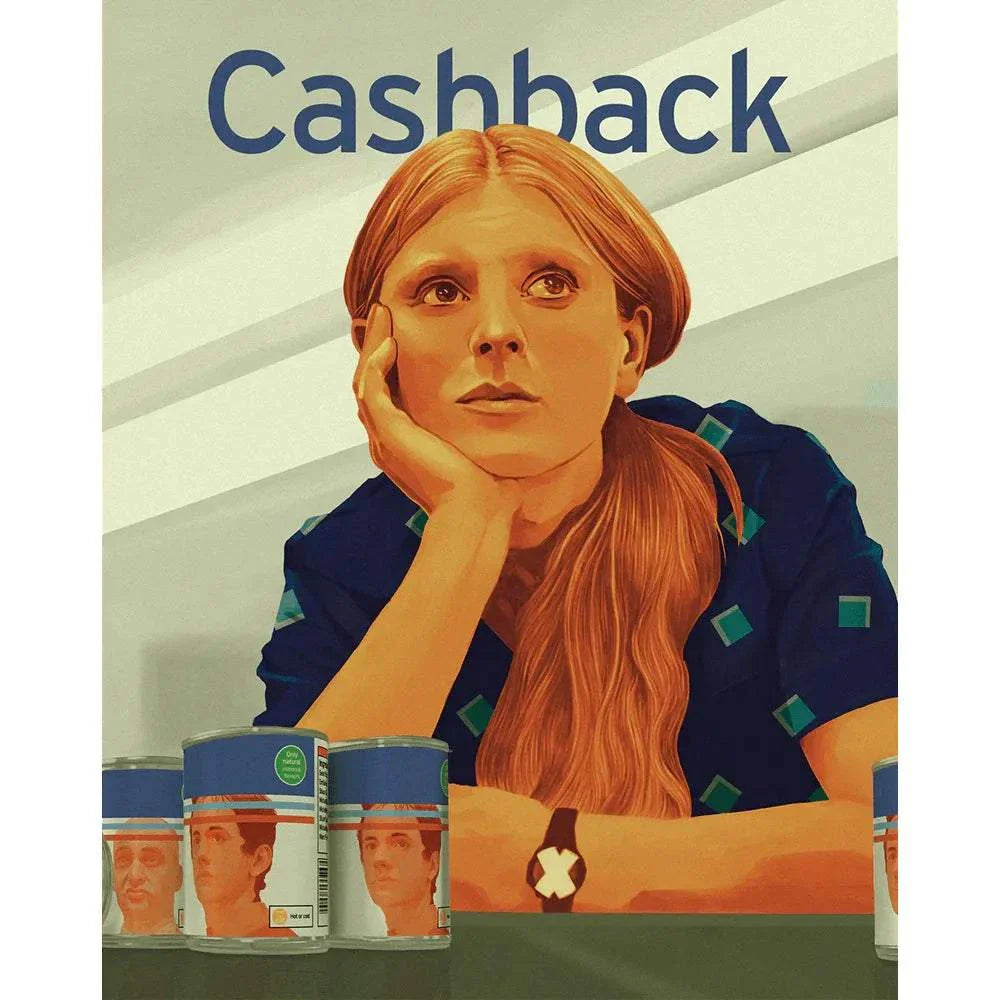 Cashback Blu-ray cover art featuring a contemplative woman with long red hair resting her chin on her hand against a minimalist background