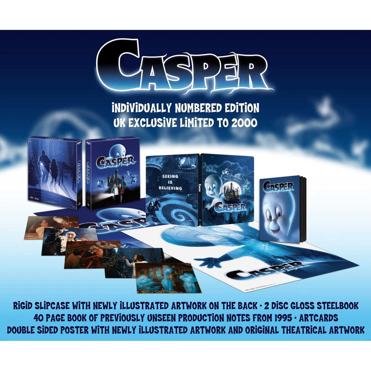 Casper 30th Anniversary UK limited edition 4K UHD and Blu-Ray steelbook set with rigid slipcase, artcards, booklet, and exclusive extras.