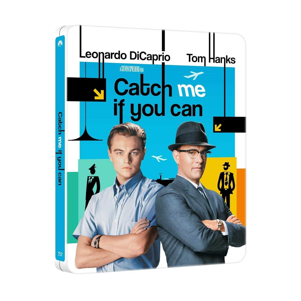 Catch Me If You Can limited edition 4K UHD and Blu-Ray steelbook featuring Leonardo DiCaprio and Tom Hanks with vibrant movie cover design