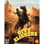 City Slickers Blu-Ray cover art featuring cowboy on rearing horse surrounded by cattle in western landscape