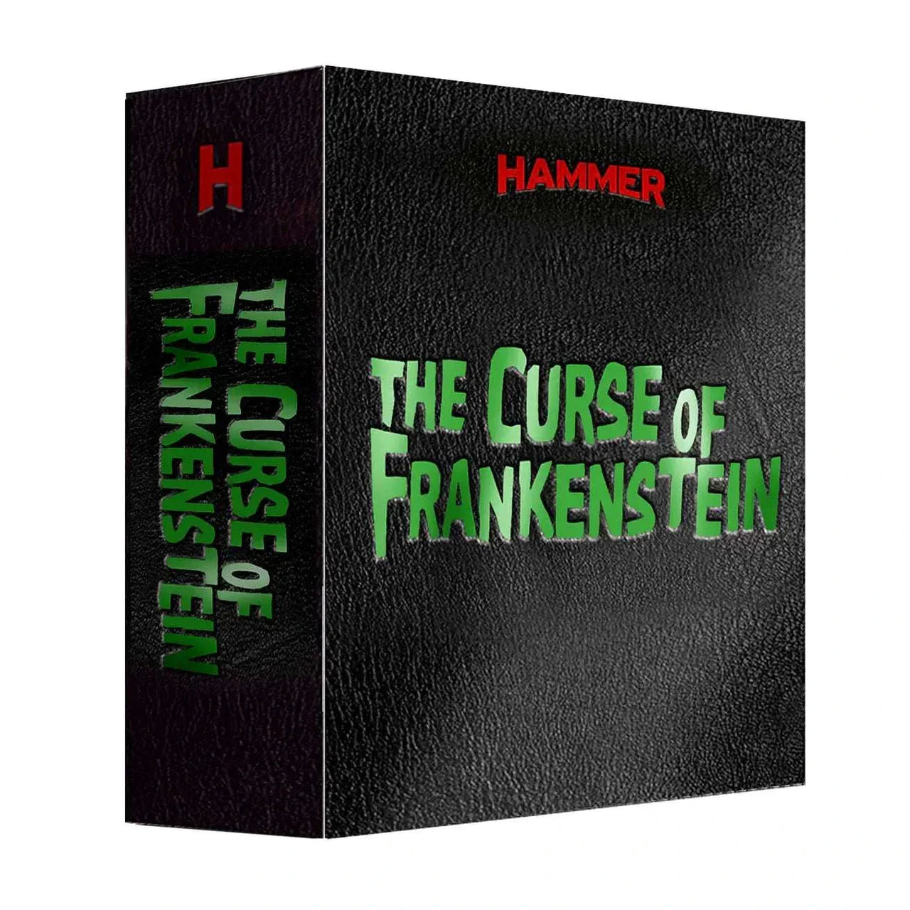 Limited collectors edition box set of The Curse of Frankenstein 4K Ultra HD and Blu-Ray by Hammer Films with embossed green title on black leather-feel slipcase.