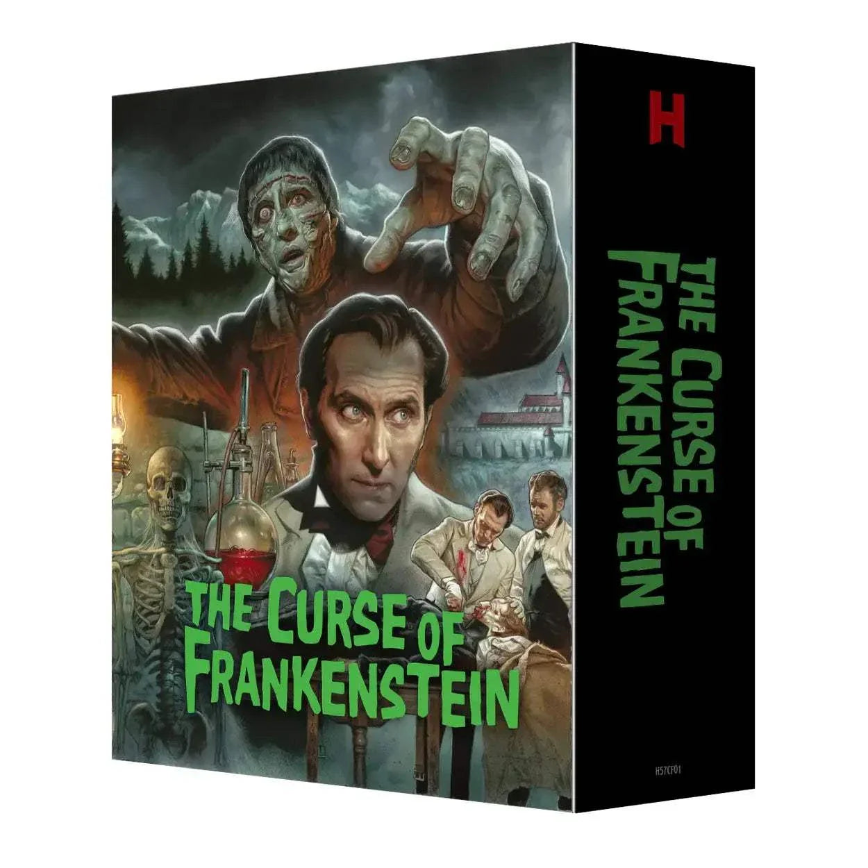 The Curse of Frankenstein limited collectors edition 4K Ultra HD and Blu-Ray set with detailed horror-themed artwork featuring Frankenstein’s monster and Baron Frankenstein.