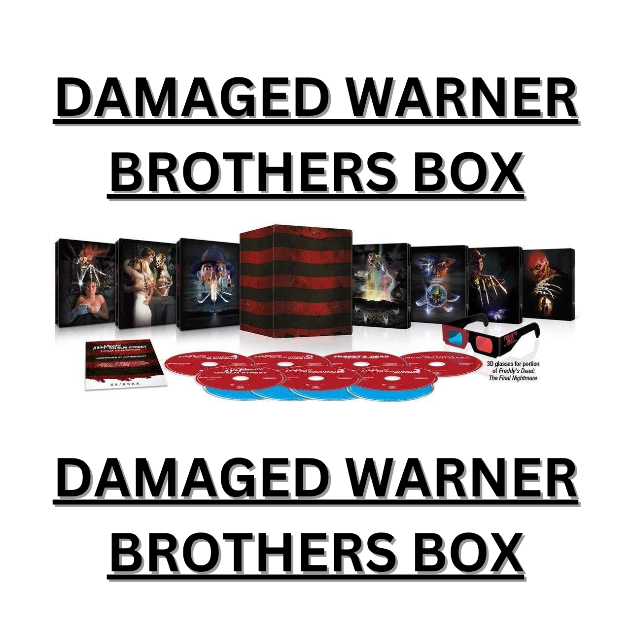 A Nightmare On Elm Street 1-7 Limited Edition Steelbook 4K Ultra HD and Blu-Ray set with damaged Warner Brothers outer box but intact steelbook cases.