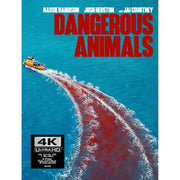 Dangerous Animals 4K UHD Blu-Ray steelbook cover with boat and blood-stained water trail on ocean surface