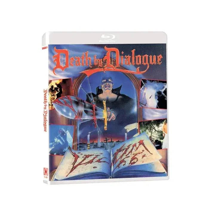 Death By Dialogue 1988 Blu-ray with limited edition slipcover horror movie pre-order cover art showing a menacing figure holding a bloody knife and an open book with blood-written script.