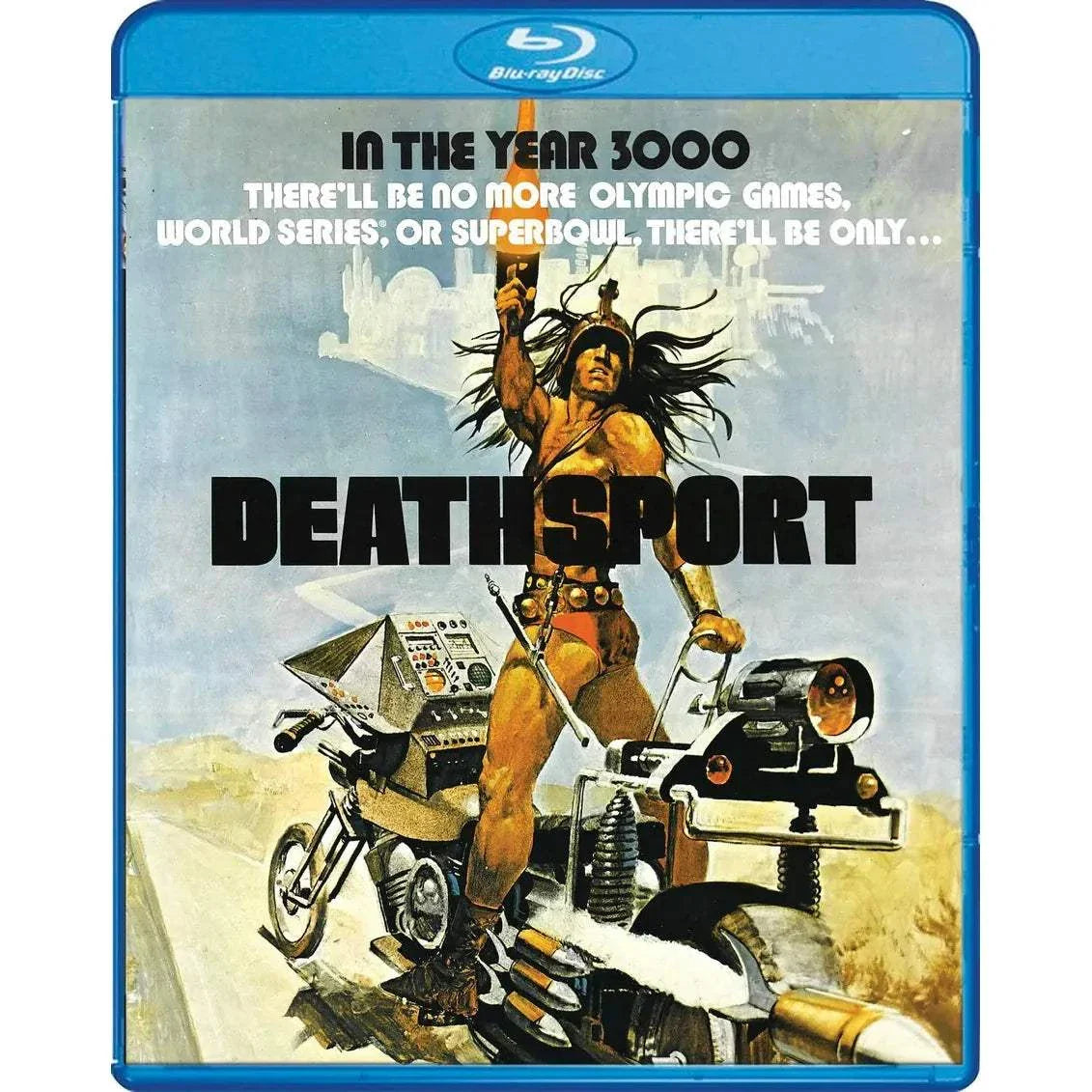 Deathsport Blu-Ray pre-order cover featuring futuristic desert battle scene and David Carradine