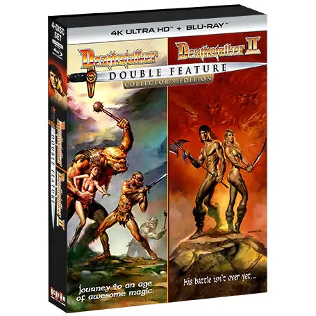 Double feature collector's edition of Deathstalker and Deathstalker II 4K UHD + Blu-Ray with slipcover.