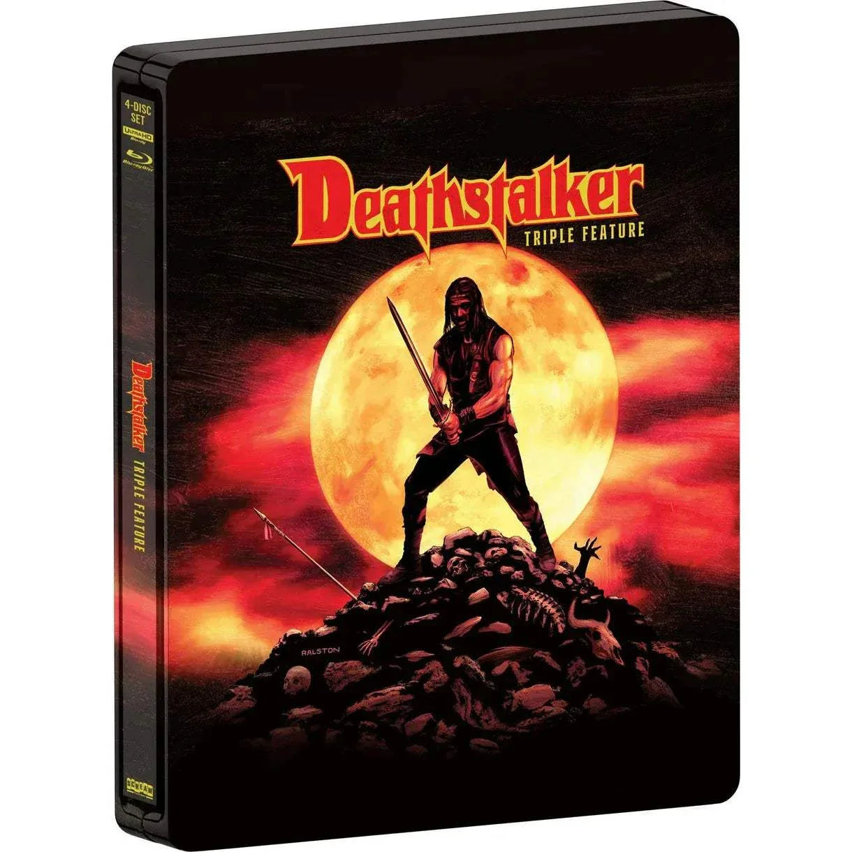 Deathstalker Triple Feature Limited Edition Steelbook 4K UHD and Blu-Ray pre-order cover with warrior and sorceress theme