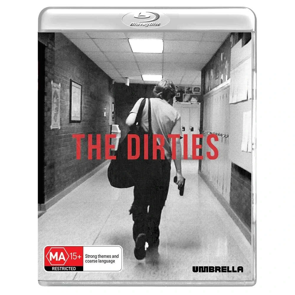The Dirties 2013 Blu-Ray cover featuring a boy walking down a school hallway holding a guitar and a gun in hand.