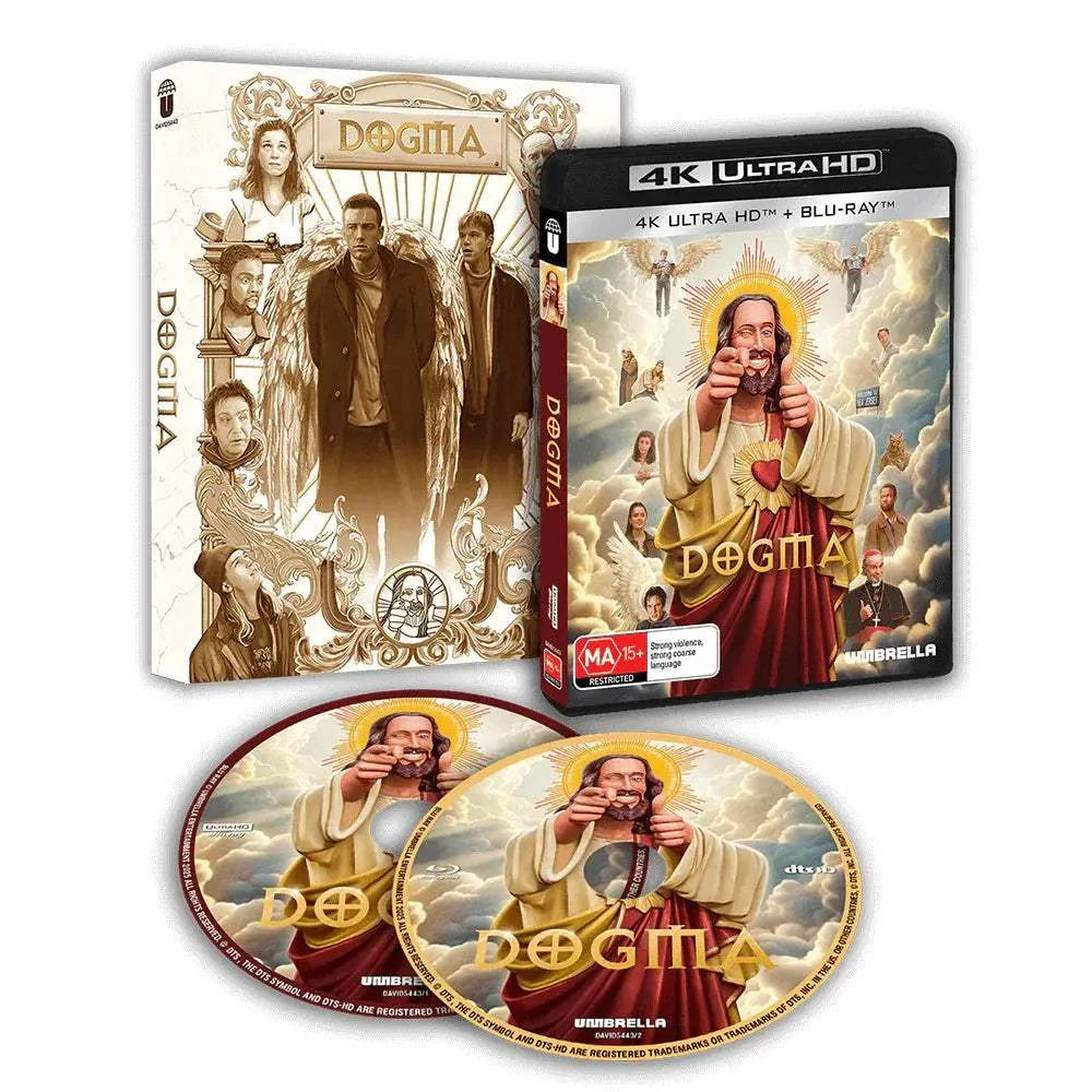 PRE-ORDER DOGMA 1999 4K UHD and Blu-Ray with limited edition slipcover and discs featuring movie artwork