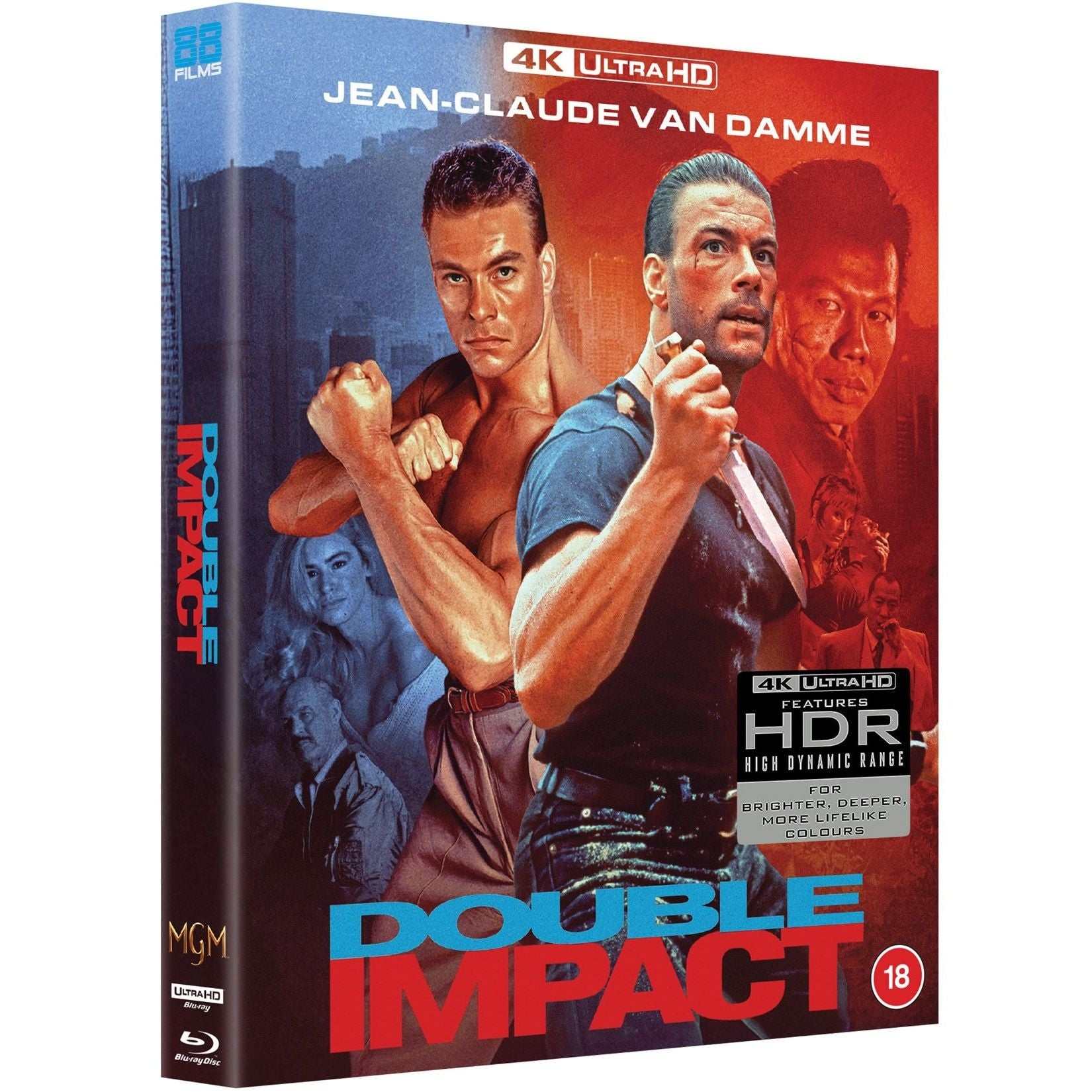 Double Impact 4K Ultra HD Blu-ray with rigid slipcase and booklet featuring Jean-Claude Van Damme in dual roles