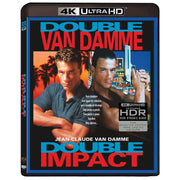 Double Impact 4K Ultra HD Blu-ray cover featuring Jean-Claude Van Damme with rigid slipcase and booklet.