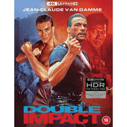 Double Impact 4K Ultra HD Blu-ray cover featuring Jean-Claude Van Damme with HDR and Dolby Vision logos