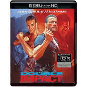 Double Impact 4K Ultra HD Blu-ray cover featuring Jean-Claude Van Damme with HDR and Dolby Vision packaging