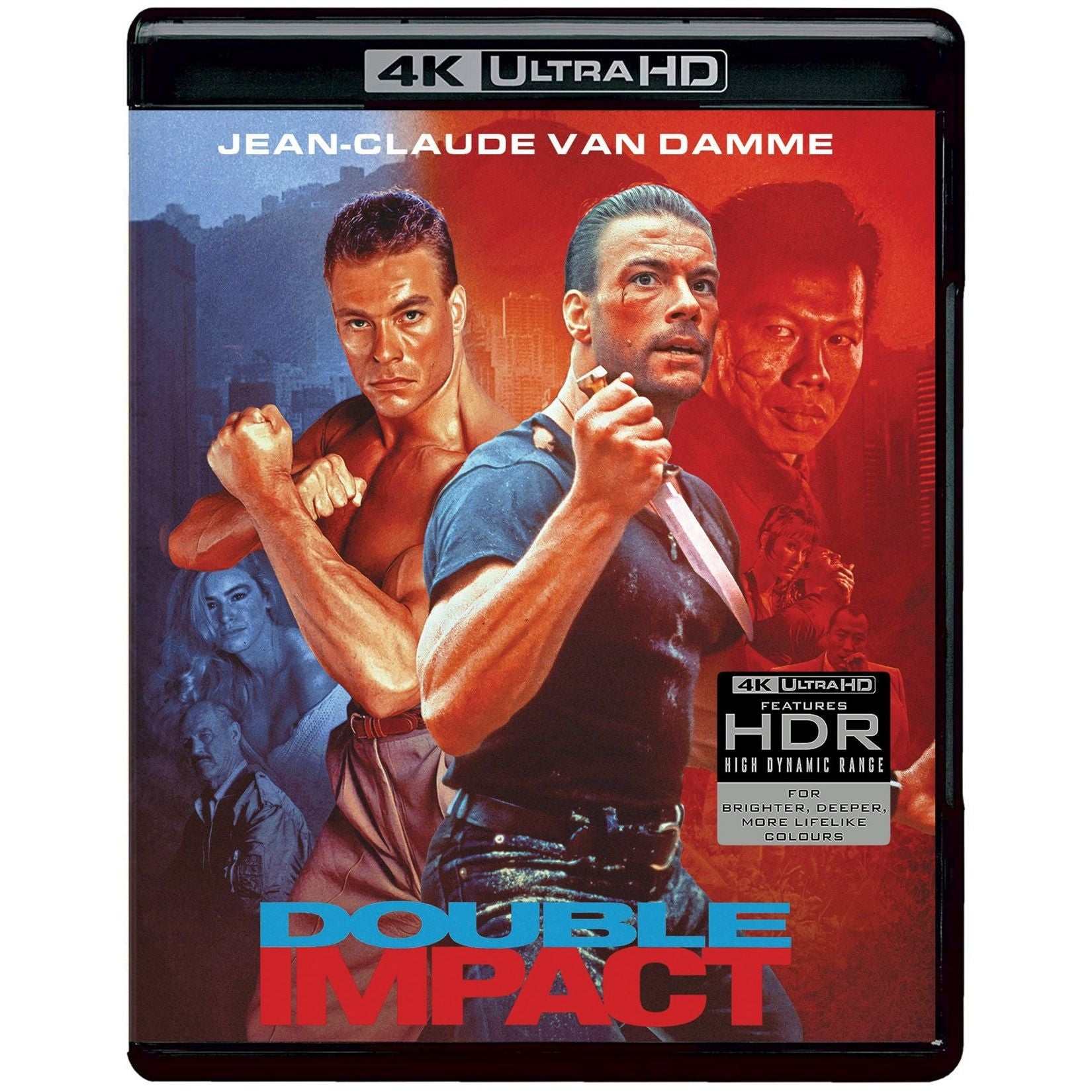Double Impact 4K Ultra HD Blu-ray cover featuring Jean-Claude Van Damme with HDR and Dolby Vision packaging