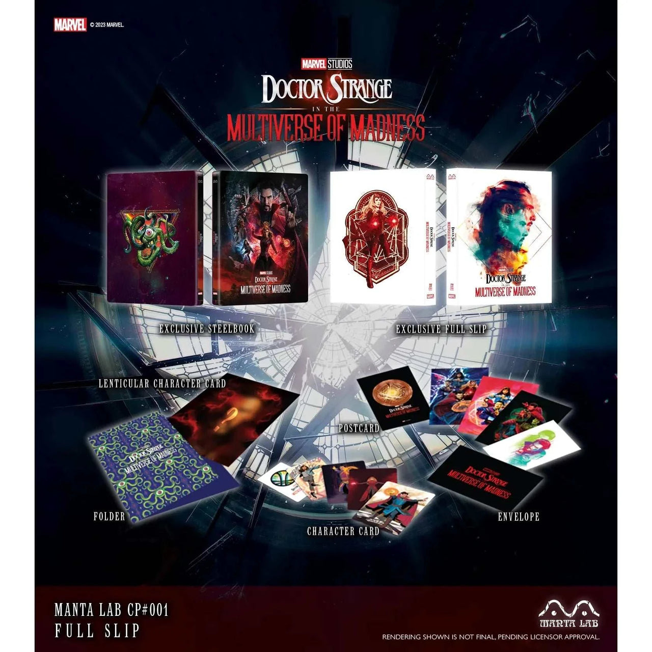 Doctor Strange in the Multiverse collectible steelbook full slip set with lenticular character cards, postcards, folder, and envelope.