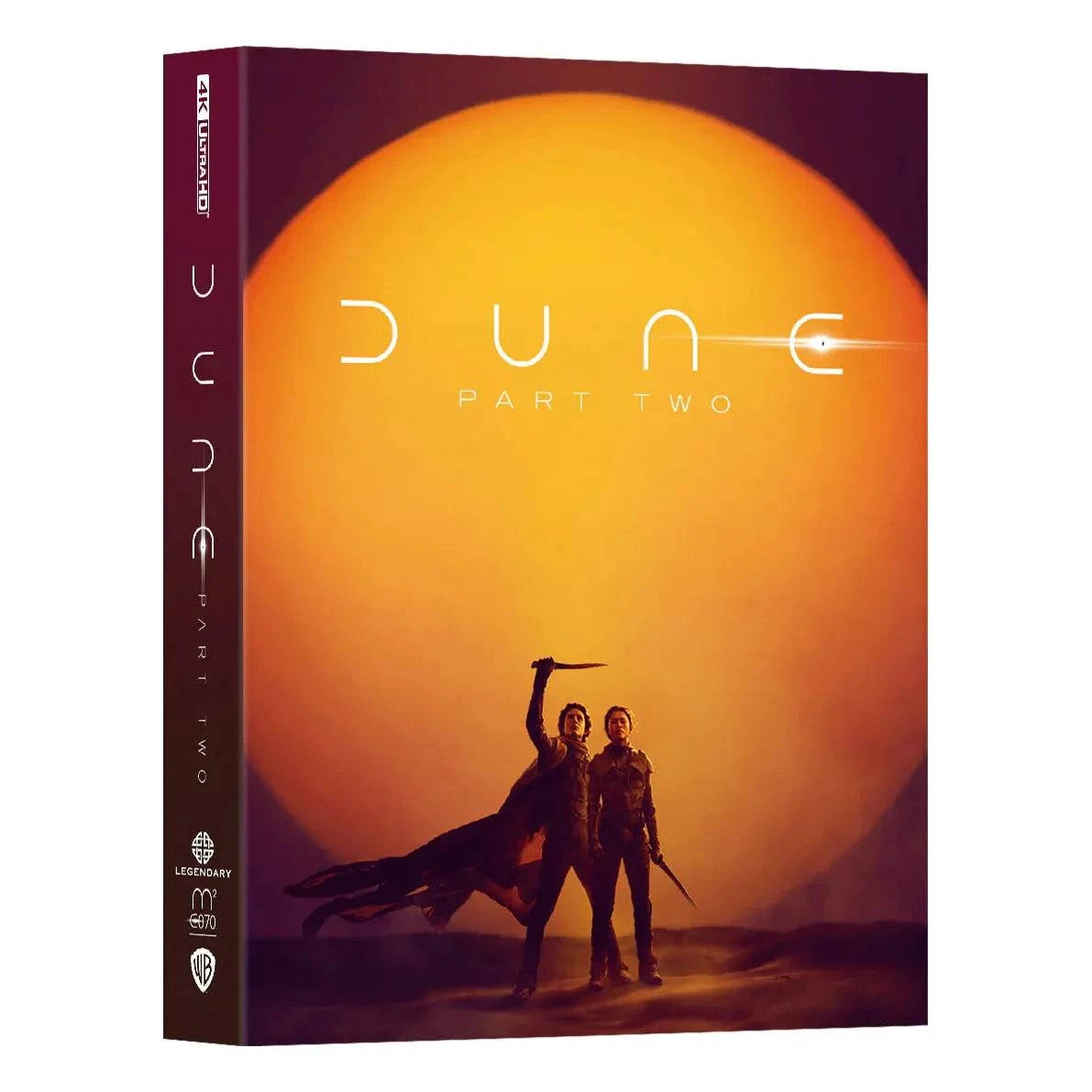 Dune Part Two 4K UHD and Blu-Ray steelbook with full slip cover featuring Paul Atreides and Fremen against a large orange sun, limited edition numbered collectible.