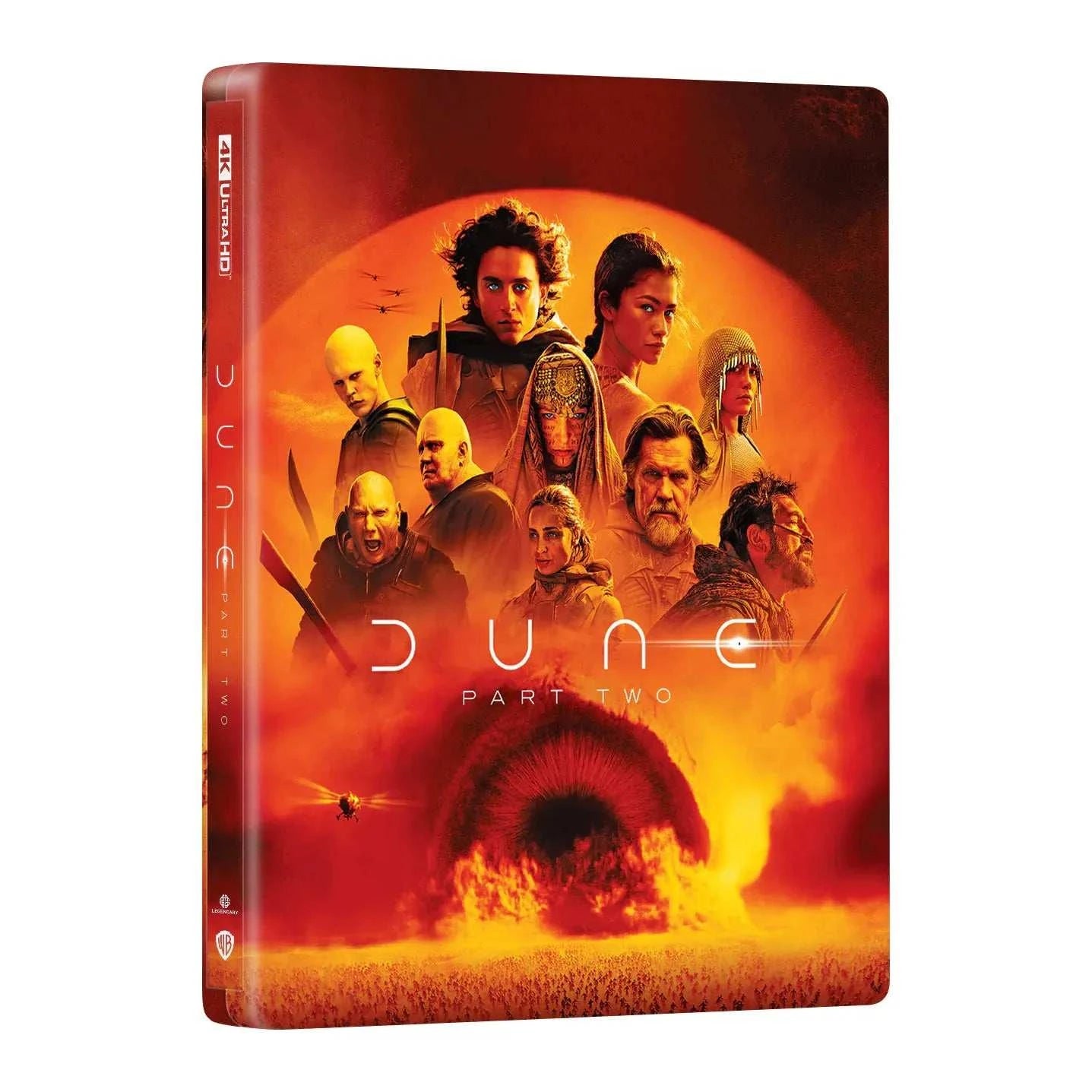 Dune Part Two 4K UHD and Blu-Ray steelbook with full slip cover featuring key characters and sandworm, limited numbered edition.