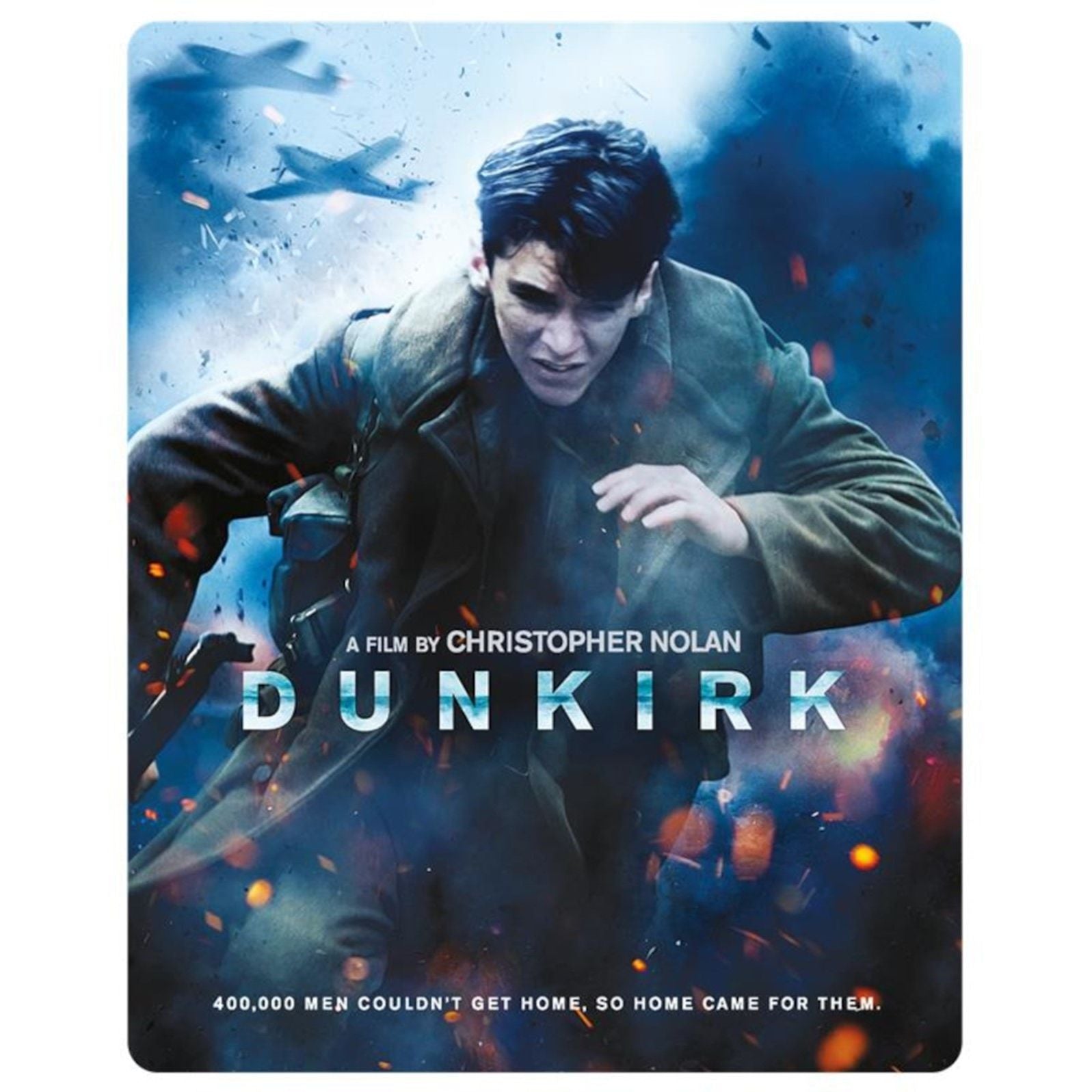 Dunkirk 2017 limited edition steelbook 4K Ultra HD and Blu-Ray cover with soldier and warplanes background