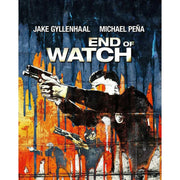 End of Watch limited edition steelbook 4K UHD Blu-Ray cover featuring officers aiming guns with dripping paint background