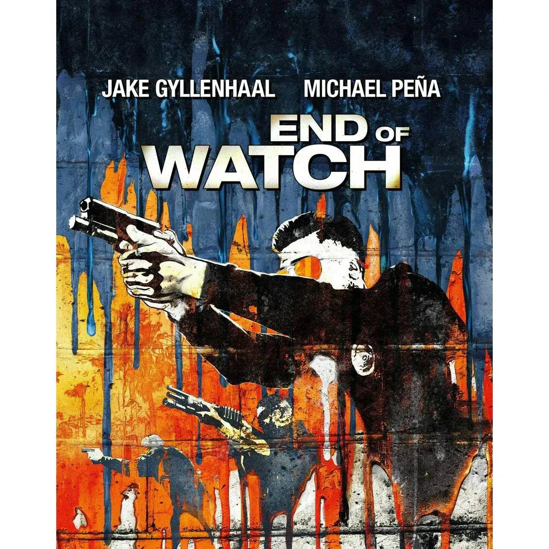 End of Watch limited edition steelbook 4K UHD Blu-Ray cover featuring officers aiming guns with dripping paint background