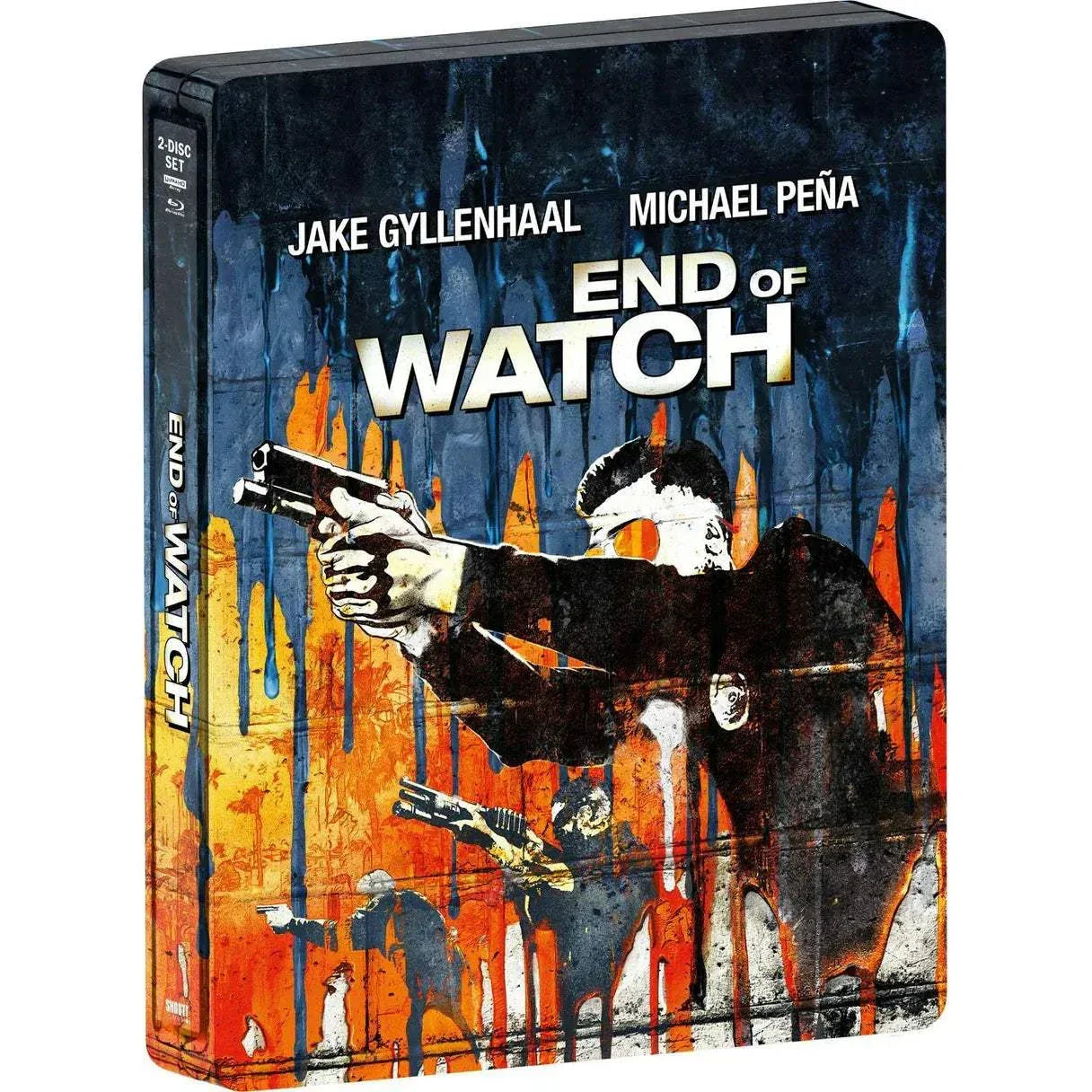 End of Watch limited edition steelbook 4K UHD and Blu-Ray featuring police action artwork with Jake Gyllenhaal and Michael Peña.