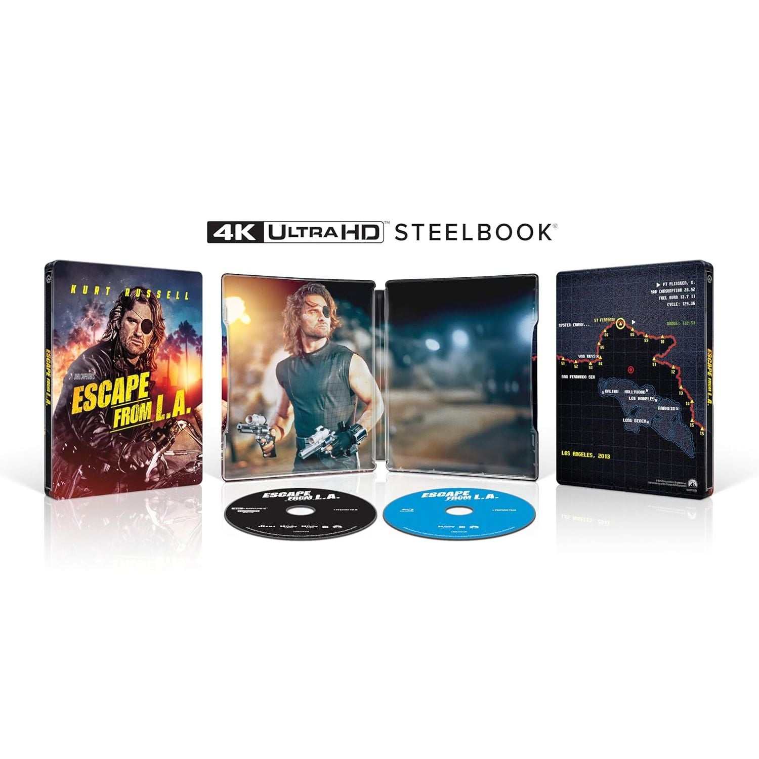 Escape From L.A. 30th Anniversary Limited Edition Steelbook 4K UHD Blu-ray preorder cover featuring Snake Plissken