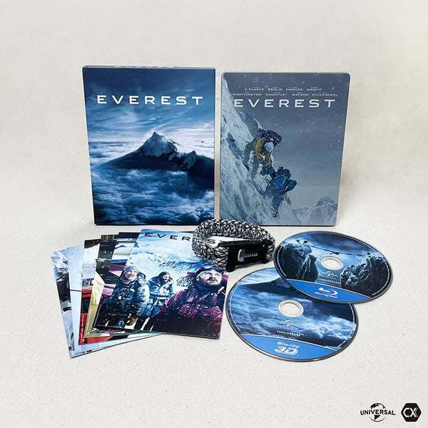 Everest Blu-Ray limited edition steelbook with 3D disc, full slip case, survival bracelet, and movie stills cards