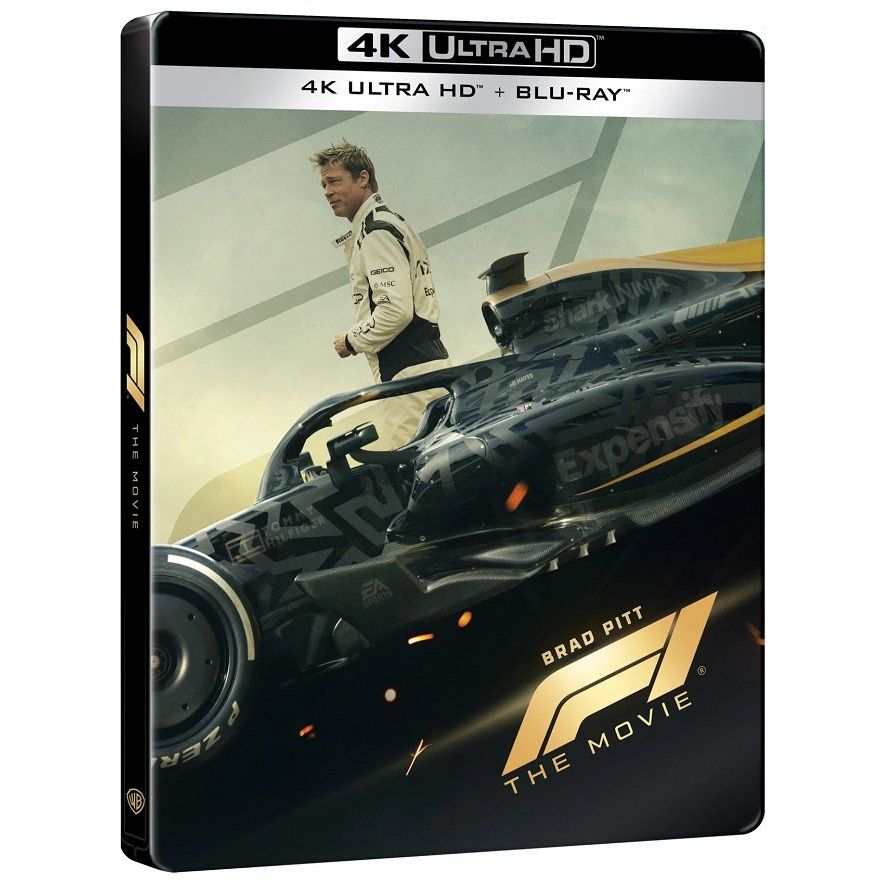 F1 - The Movie UK limited edition steelbook 4K Ultra HD Blu-Ray cover with race car and driver