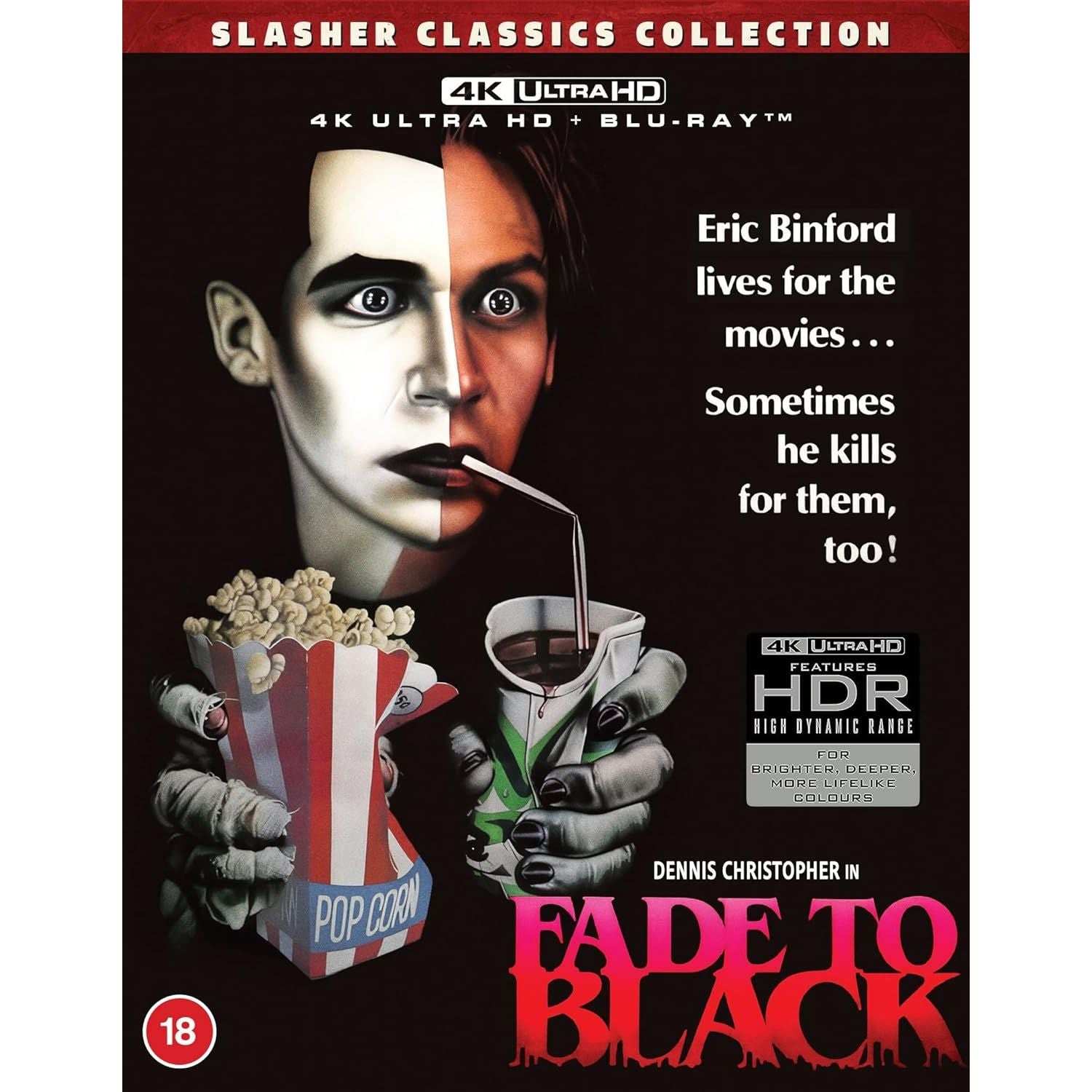 Fade To Black 4K UHD Blu-Ray slipcover cover with horror movie character holding popcorn and drink, promotional text, and 4K HDR features badge