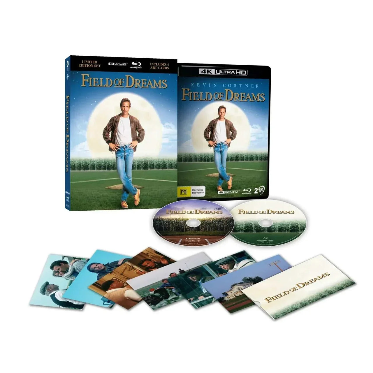 Field of Dreams 1989 4K UHD Blu-ray limited edition set with 3D lenticular hardcase and art cards featuring Kevin Costner cover and discs