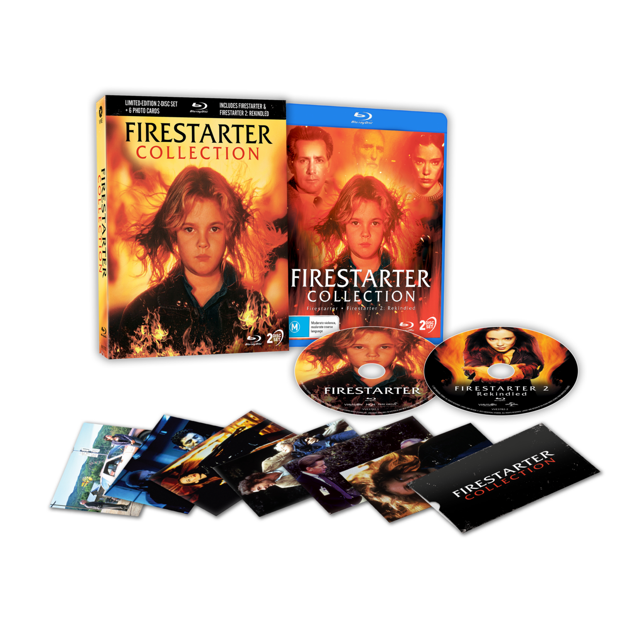 Firestarter Collection Blu-Ray Limited Edition with 3D lenticular hardcase, art cards, and two discs featuring Firestarter and Firestarter 2: Rekindled in high-definition.