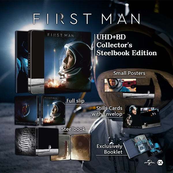 First Man 4K UHD limited edition steelbook with full slip, booklet, posters, and movie stills cards
