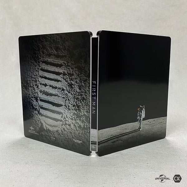 First Man 4K UHD limited edition steelbook with embossed full slip, astronaut moon landing design, and exclusive booklet extras