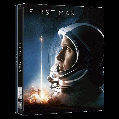First Man 4K UHD limited edition steelbook with astronaut cover art and rocket launch background